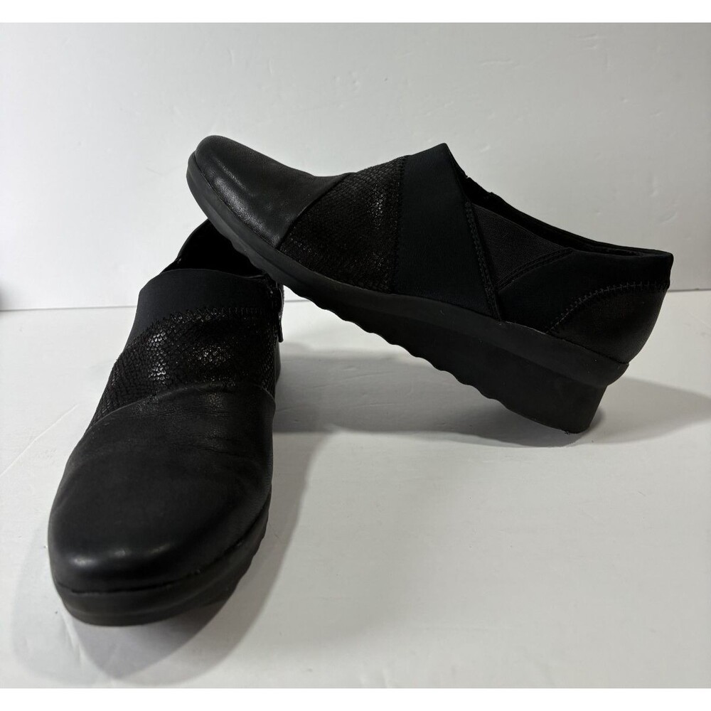 Clarks Cloudsteppers Women's Leather Black Slip On Wedge Shoes Sz 8.5